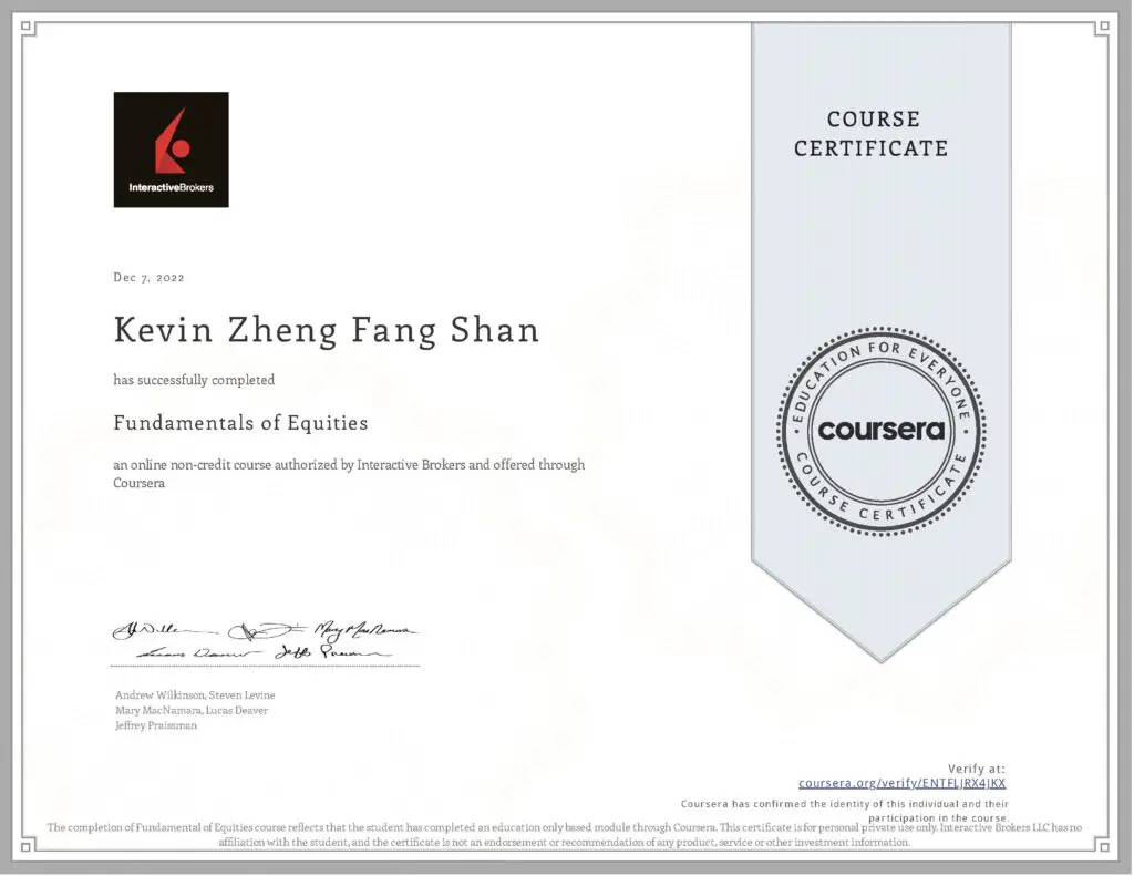 Kevin Shan Coursera Fundamentals of Equities Certificate